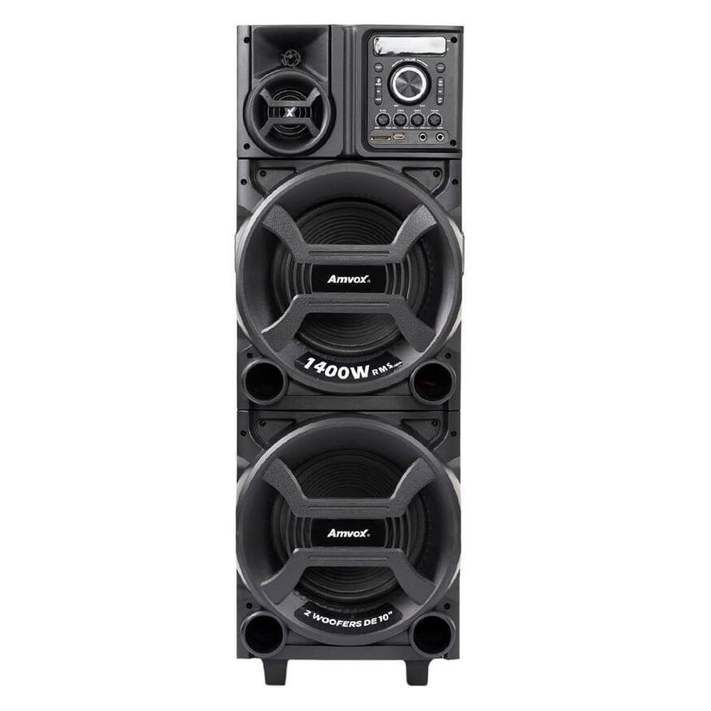 Torre de Som Amvox Titan Black ACA 1402 com Luz e Display em LED, 2 Woofers de 10", Bluetooth, Entradas USB, Card e Microfones - 1400W