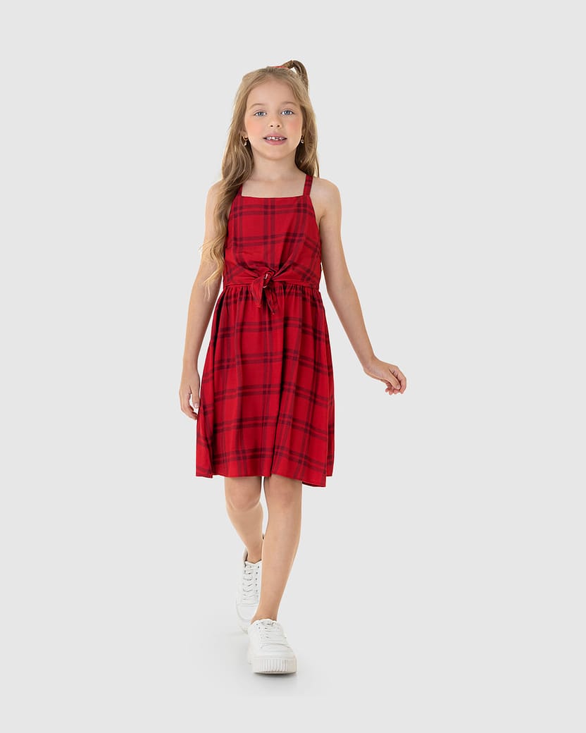 Vestido Infantil Estampa Xadrez Amarração Frontal Em Viscose Malwee Kids