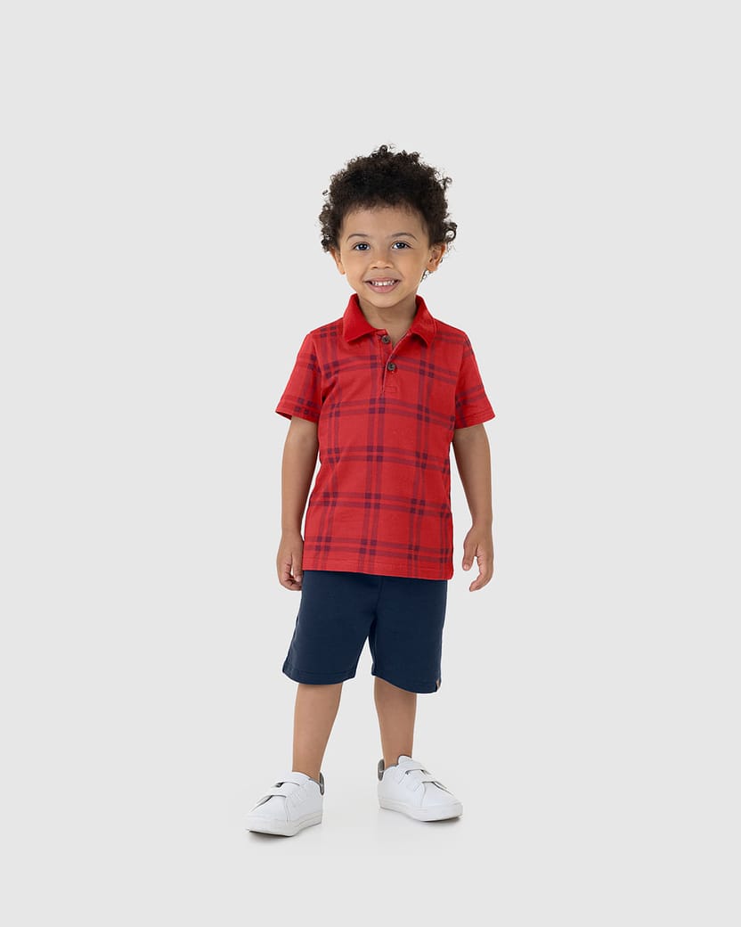 Conjunto Infantil Menino Camisa Polo Xadrez Em Algodão Malwee Kids