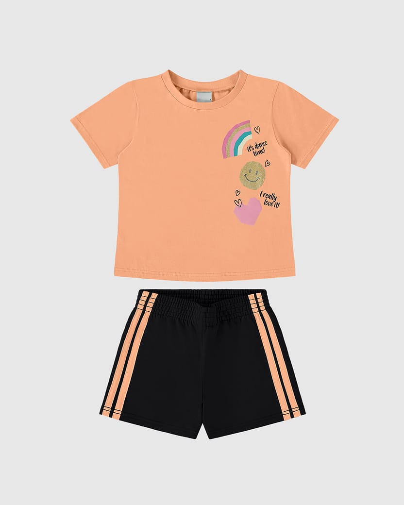 Conjunto Infantil Menina Shorts Listras Laterais Em Moletinho Malwee Kids