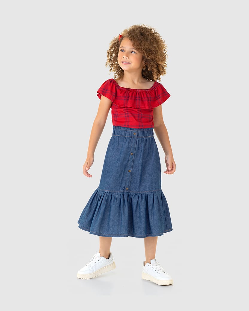 Conjunto Infantil Menina Saia Midi Em Jeans Leve Malwee Kids