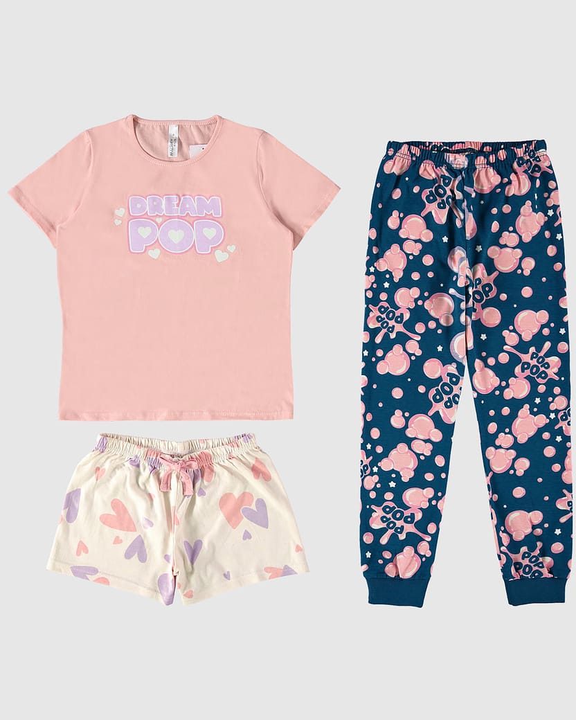 Pijama Infantil Menina Estampado Shorts + Calça Em Algodão Malwee Kids
