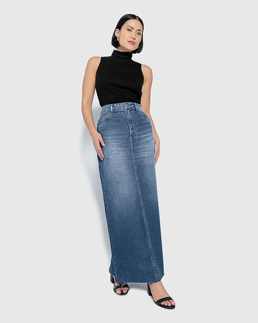 Saia Midi Feminina Barra Desfiada Em Jeans 100% Algodão - ENFIM