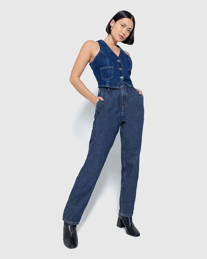 Colete Feminino Cropped Alfaiataria Em Jeans - ENFIM