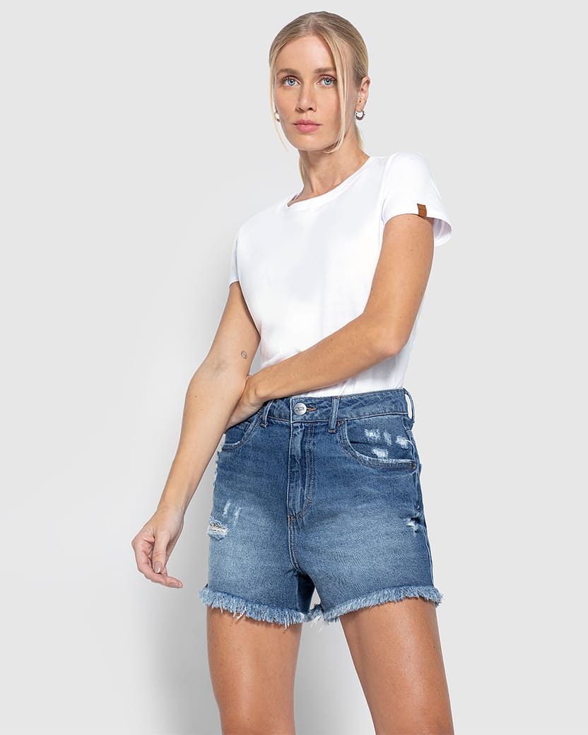 Shorts Feminino Boyfriend Com Puídos Em Jeans 100% Algodão - ENFIM
