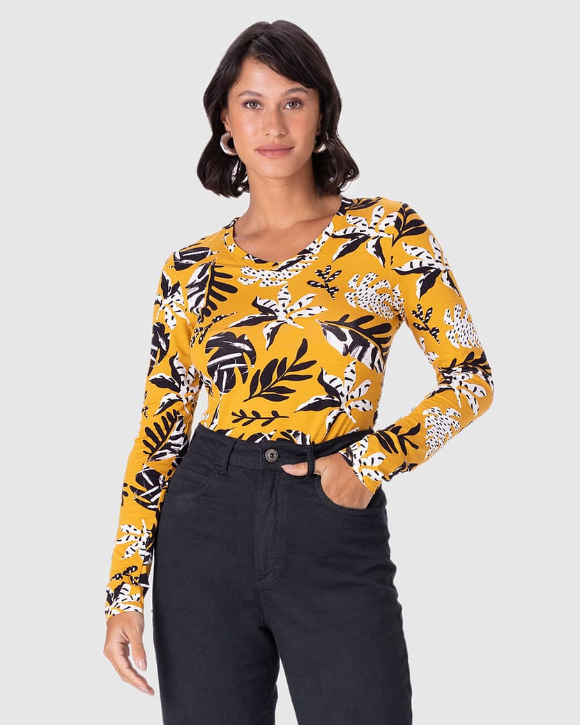 Blusa Feminina Gola V Estampada Em Viscose Stretch