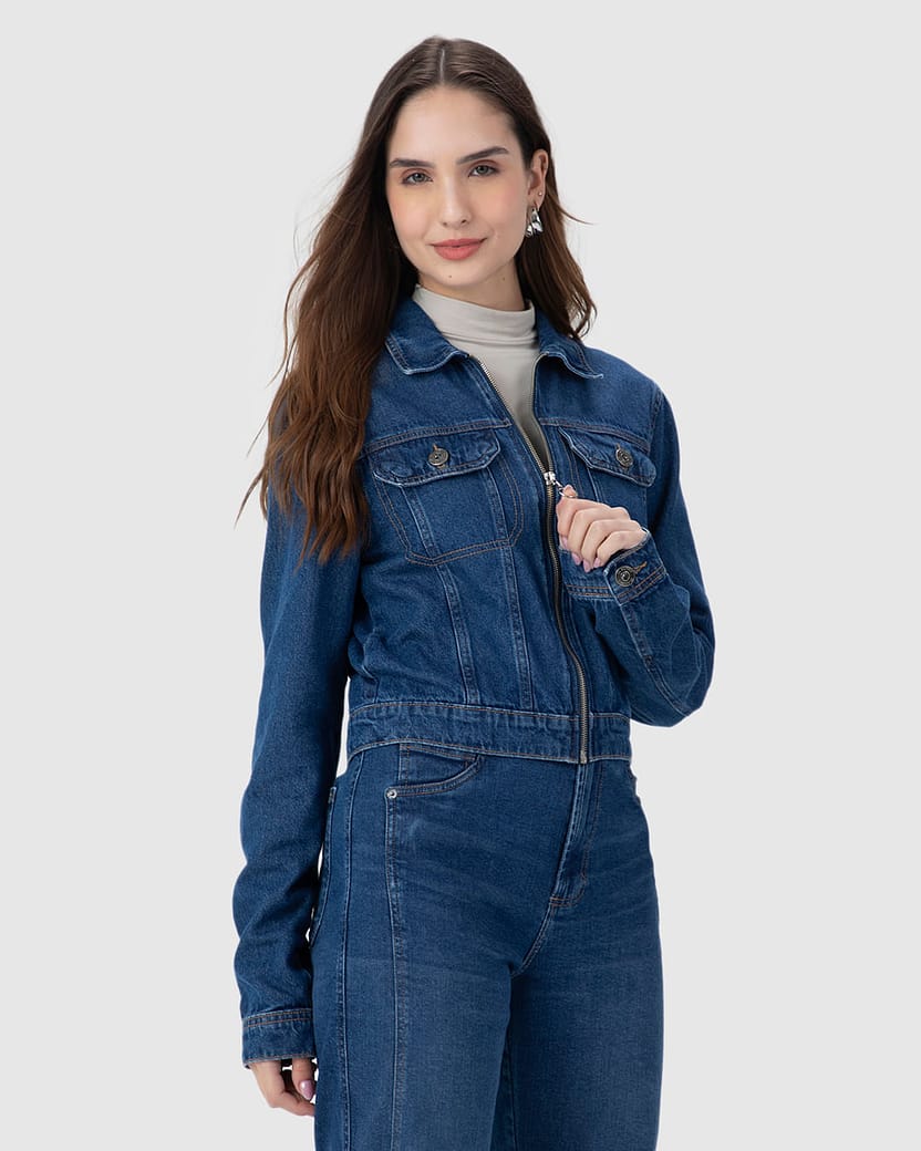 Jaqueta Feminina Trucker Cropped Em Jeans 100% Algodão