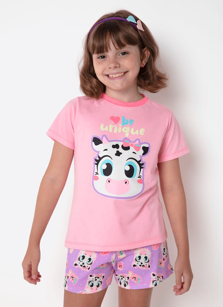 Pijama Manga Curta Algodão Menina Vaca Patches