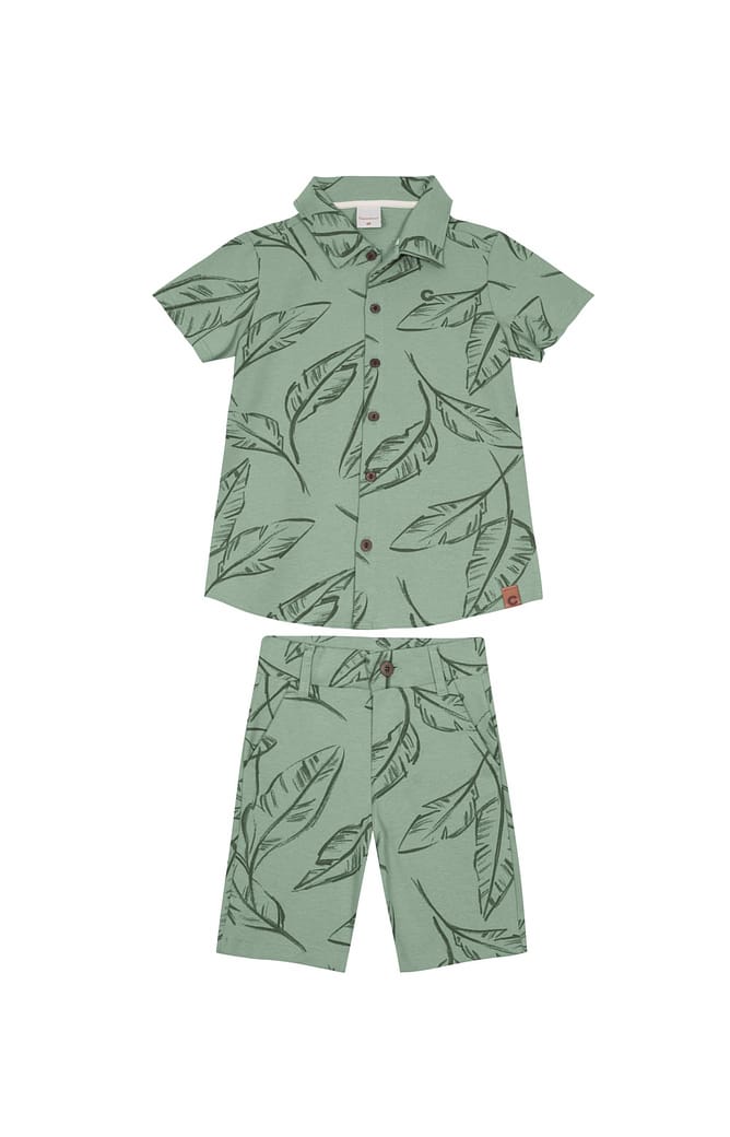 Conjunto Menino Camisa E Bermuda Estampada Em Moletinho Linho - Carinhoso