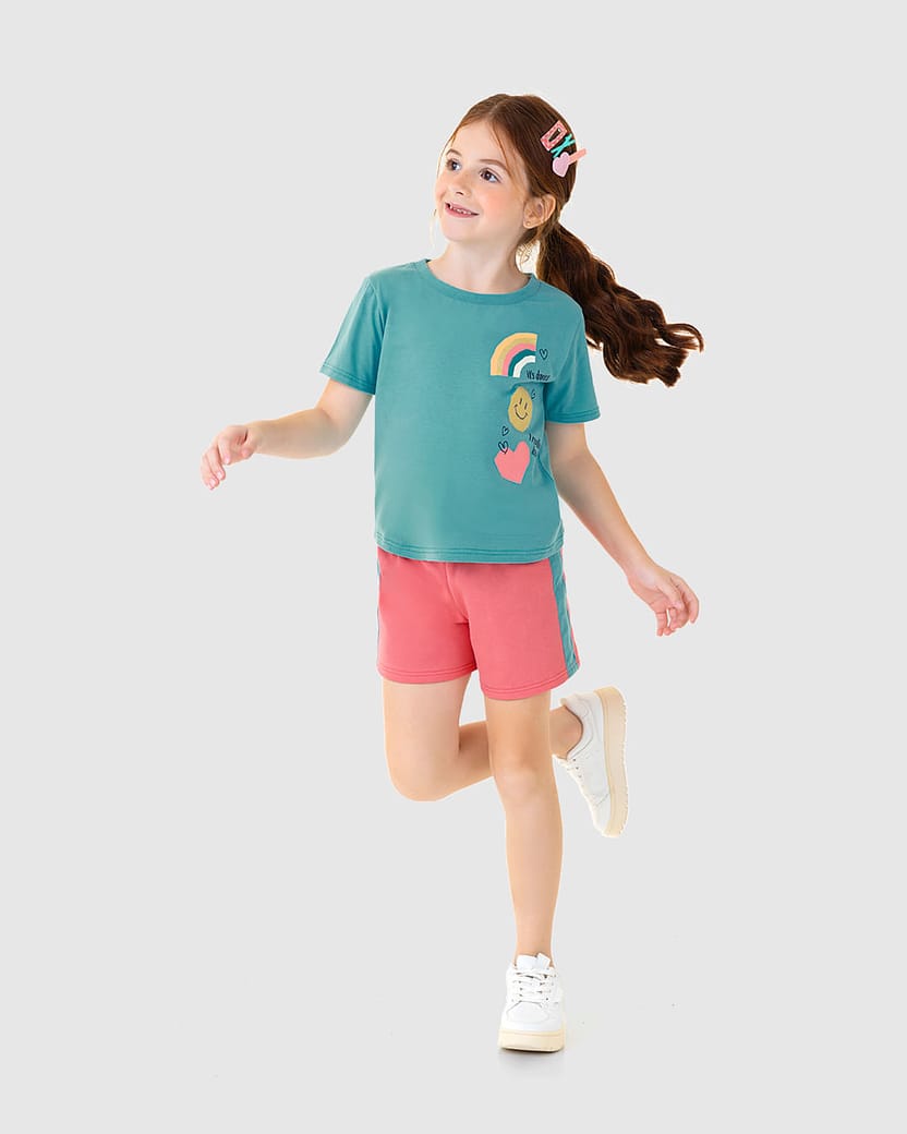 Conjunto Infantil Menina Shorts Listras Laterais Em Moletinho Malwee Kids