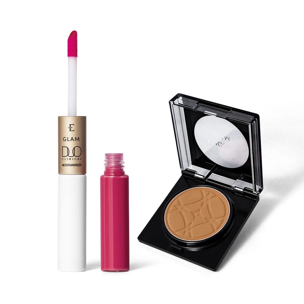Combo Eudora Glam: Batom Líquido Pink Único Duo Clinical Micropigmentação 3,5g + Blush em Pó Brown Fashioned 5g