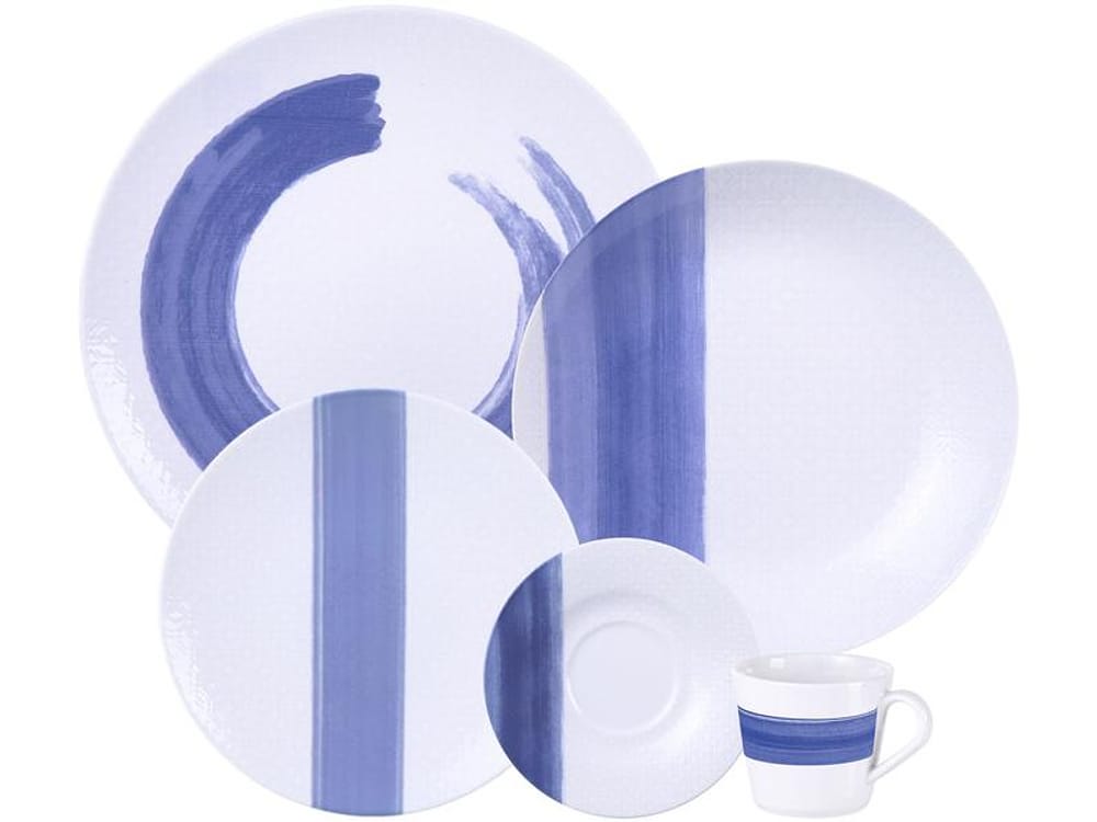 Aparelho de Jantar e Chá 20 Peças Tramontina Redondo de Porcelana Branco e Azul Soho 96589036