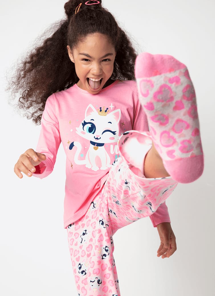 Pijama Manga Longa Algodão Menina Teen Gata Romântica