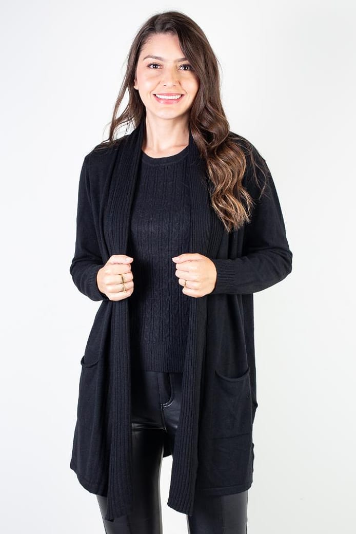 Cardigan feminino alongado tricot com bolso 81126