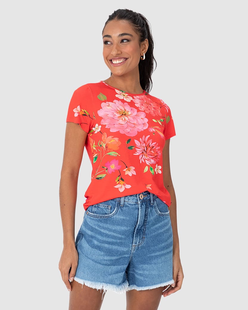 Blusa Feminina Estampada Decote Redondo Em Viscose Stretch