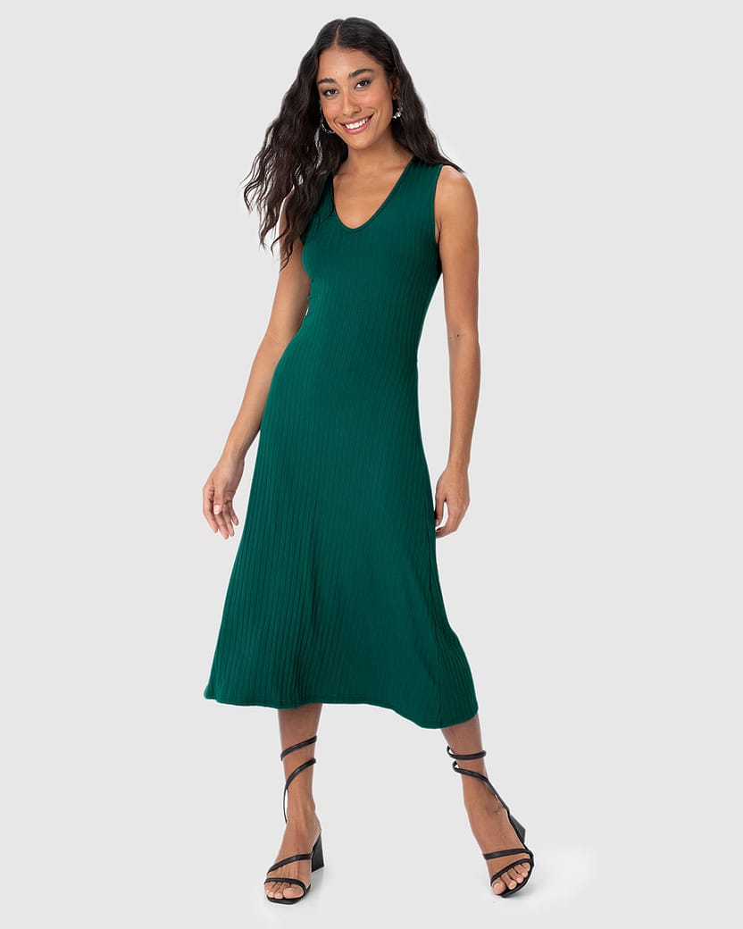 Vestido Midi Feminino Costas Detalhe Vazado Em Malha Viscose Canelada