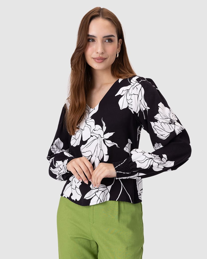 Blusa Feminina Estampa Floral Manga Longa Punho Elástico Em Viscose