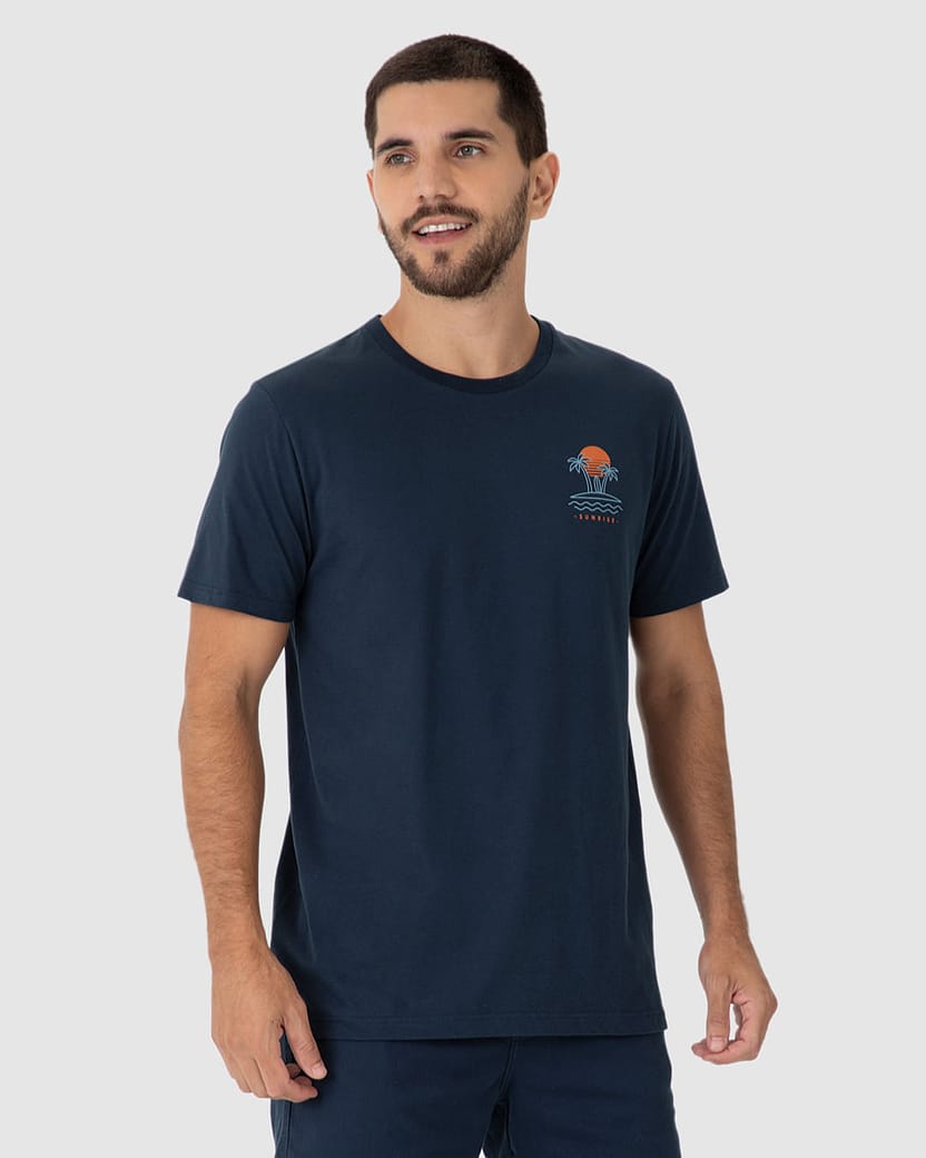 Camiseta Masculina Estampa Frente E Costas Sunrise Em Algodão