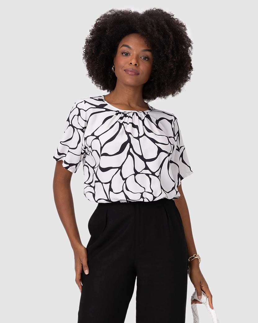 Blusa Cropped Feminina Abstrata Barra Com Elástico Em Viscose