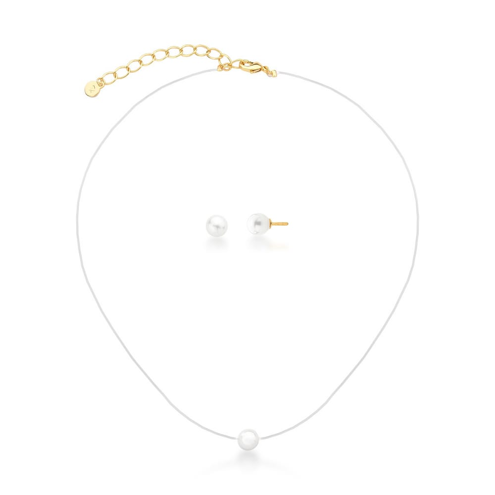 Conjunto Colar Fio de Nylon e Brinco de Pérolas Lili banhado Ouro 18k