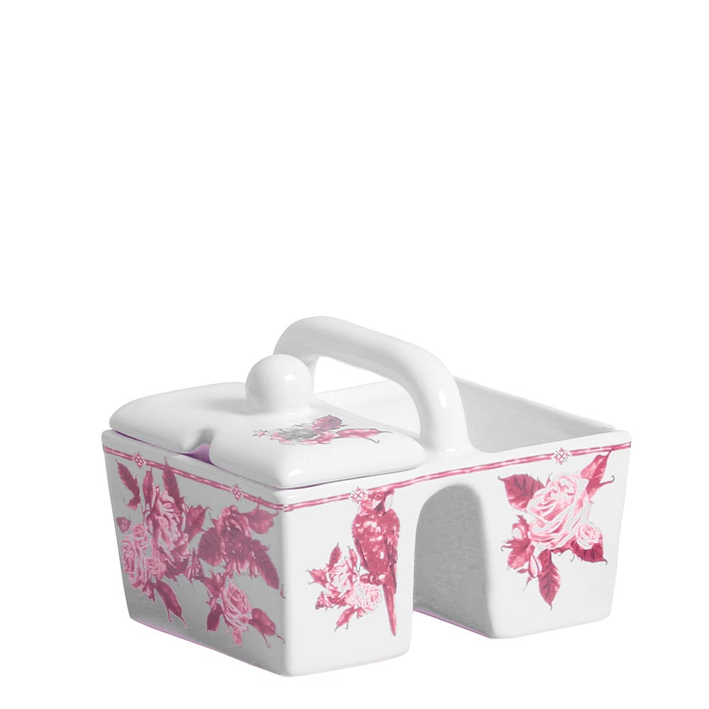 Açucareiro e Porta Adoçante de Cerâmica Arara Floral Rosa 11CM